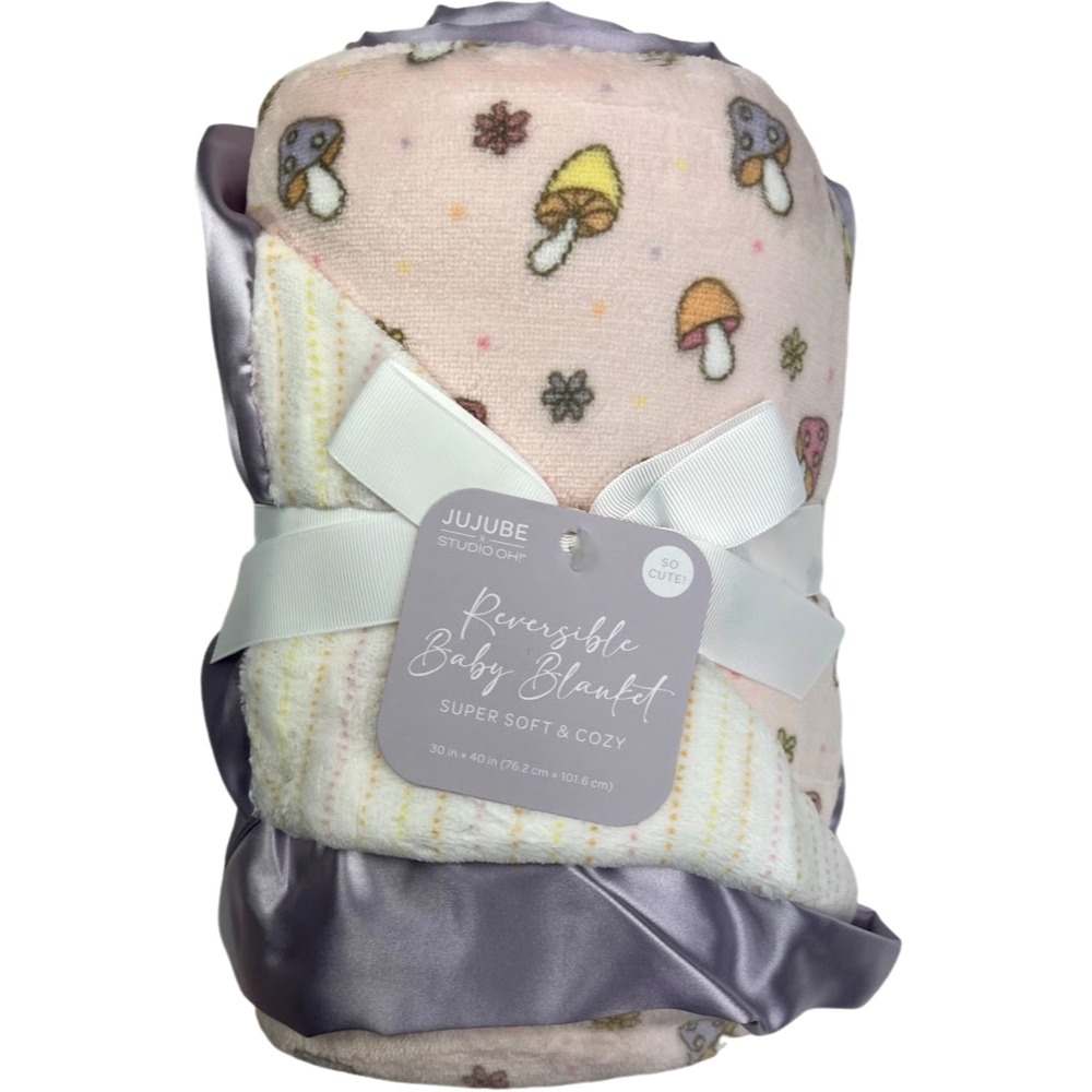 JuJuBe Mushroom Hippie Plush Baby Girl Blanket Satin Trim Flower Purple‎ NWT